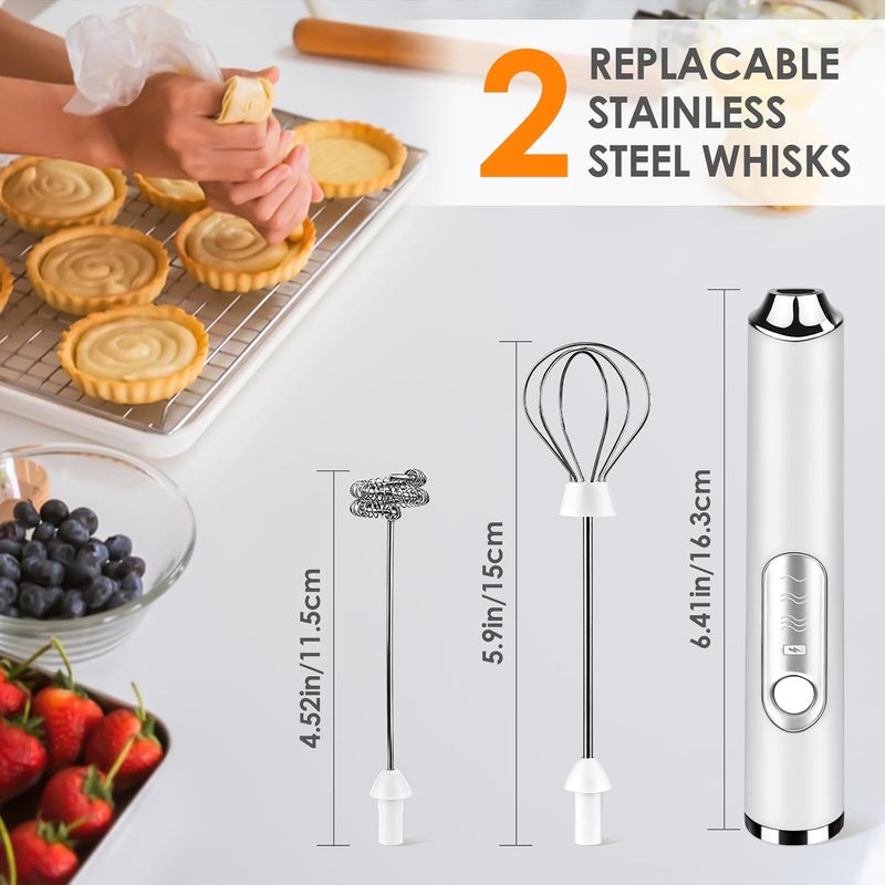 Toughwild Milk Frother Handheld, Rechargeable Coffee Frother Wand with 2 Stainless Whisks 3 Speeds, Drink Mixer, Electric Foam Maker, Hand Mixer for Lattes, Cappuccino, Matcha, Egg, White - Image 2